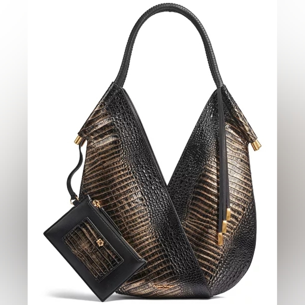 AKA New York Black and Gold Croc-Embossed Hobo Bag